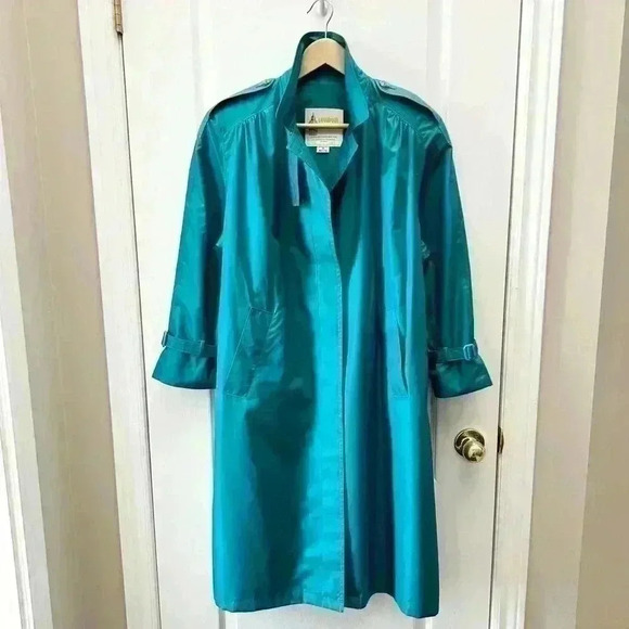 Vintage London Fog Trench Coat Iridescent Teal Green Size 10 Petite - Picture 3 of 16